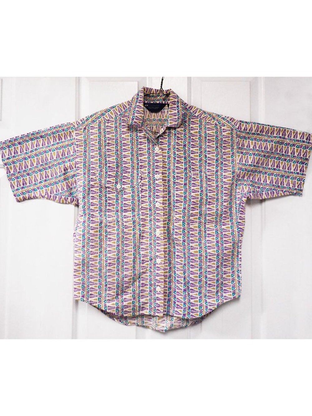 Vintage COLUMBIA Button HAWAIIAN Shirt Fish in Teal, Purple, Tan - Womens sz SM
